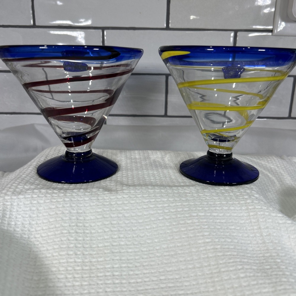 Kosta Boda Handblown Martini/Margarita Art Glasses Set of 2 Red & Yellow Swirl